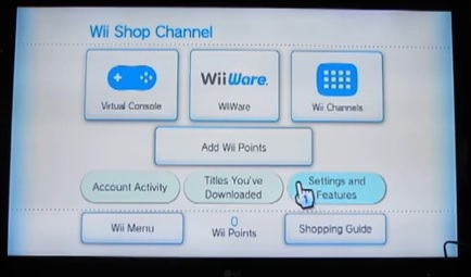 From the Wii Shop Channel main menu, select Settings and Features.