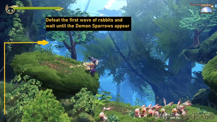 Defeat the first wave of Rabbits and wait for the Demon Sparrows