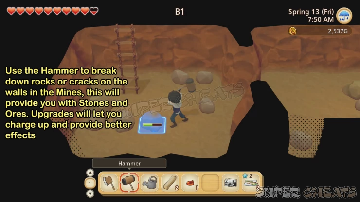 Use the Hammer to break rocks and cracks on the wall in the mines