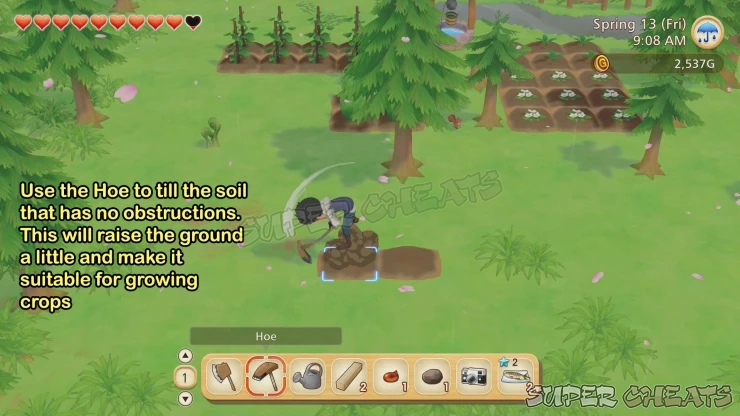 Use the Hoe to till the soil or get glittering objects on the ground in the mines Use the Hoe to till the soil or get glittering objects on the ground in the mines