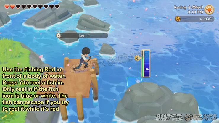Use the Fishing Rod in front of a body of water and wait for a bite