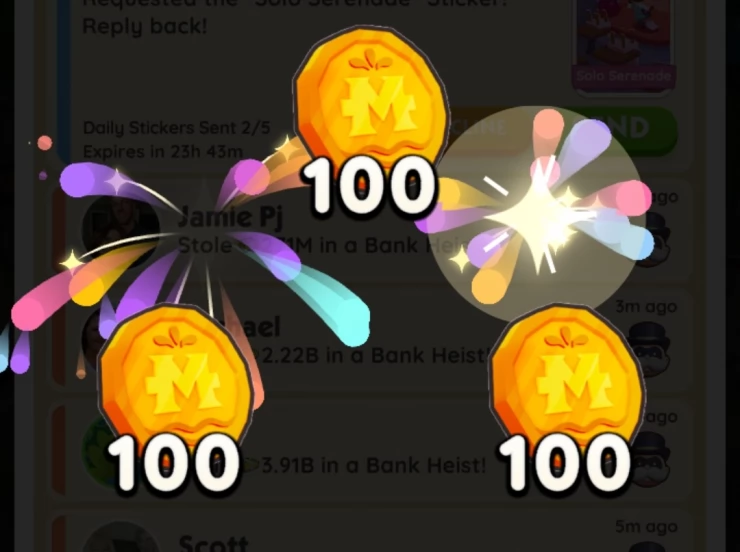 Screenshot of 3 gold coins each with the number 100 under them