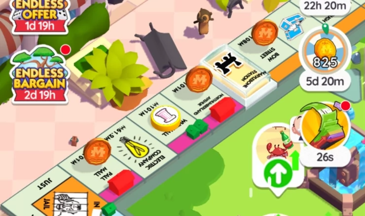 shows the gold coin tokens for Fountain Partners on the Monopoly Go game board