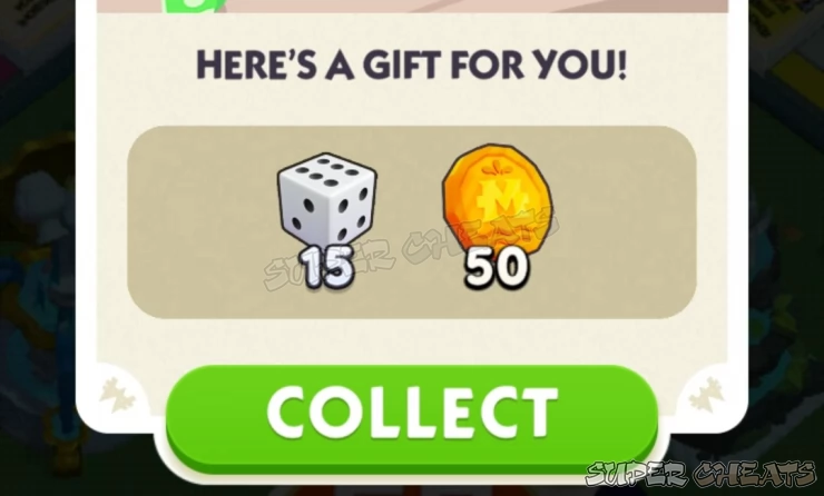 Image showing the reward of 15 free dice and 50 gold coins