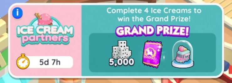 Image showing the grand prize of 5,000 dice, purple sticker pack and ice cream truck token