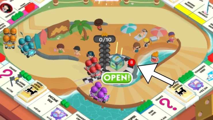 Screenshot of the Beach Racers event with an arrow pointing to the number of chests waiting to be opened