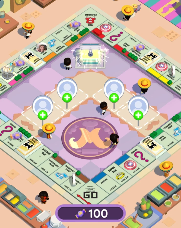 Screenshot of the Monopoly Go game board with the green add partner icons