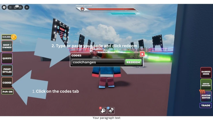 Screenshot showing the codes tab that you need to click to open the code entry box and the code entry box iteself.