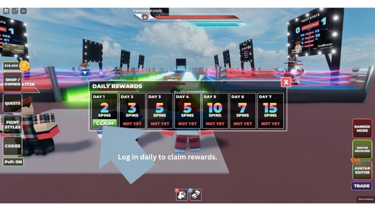Screenshot showing that you get spins if you log in every day
