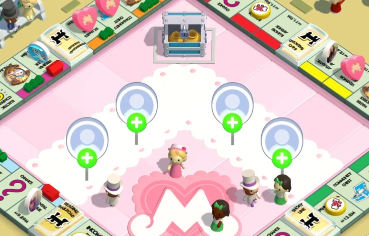 Screenshot of the Monopoly Go game board with the green add partner icons