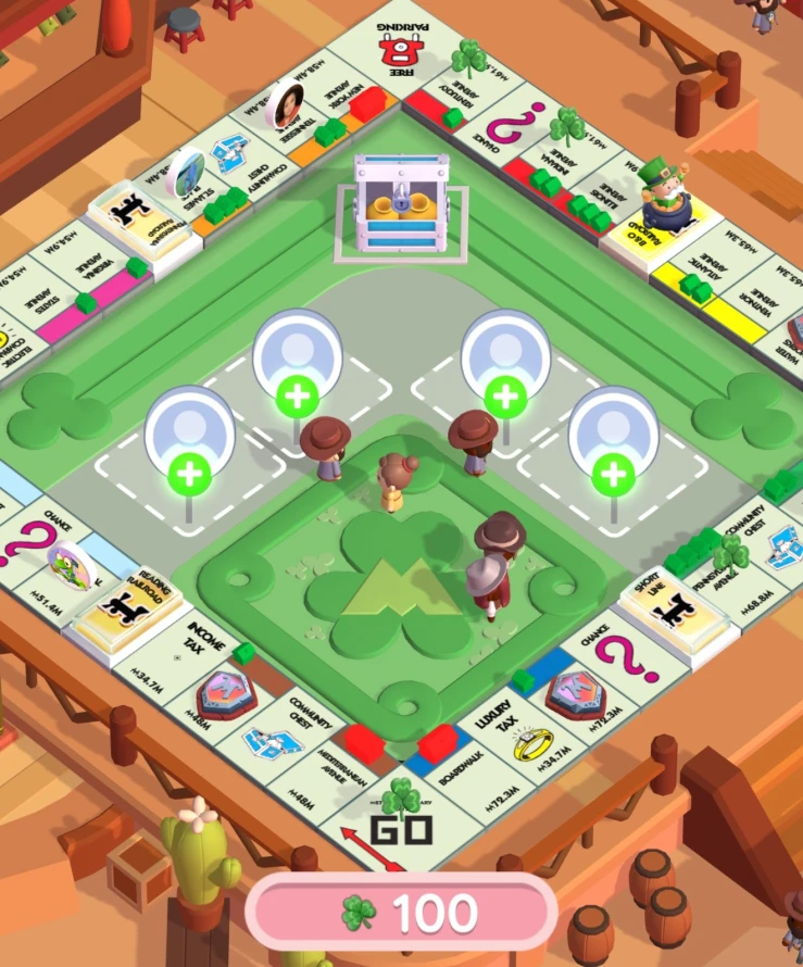 Screenshot of the Monopoly Go game board with the green add partner icons