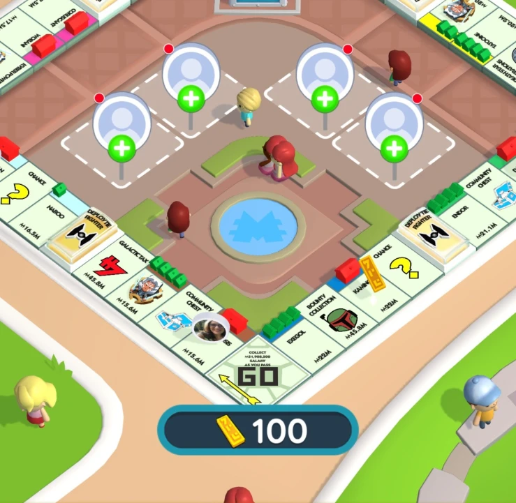 Monoply Go board with green plus icons