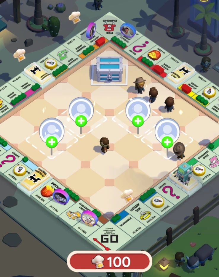 Shows the game board with four green plus icons