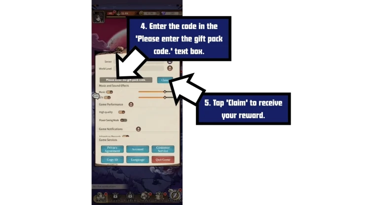 Monster Maidens Edenfall redeem code screen showing where to enter Monster Maidens: Edenfall codes