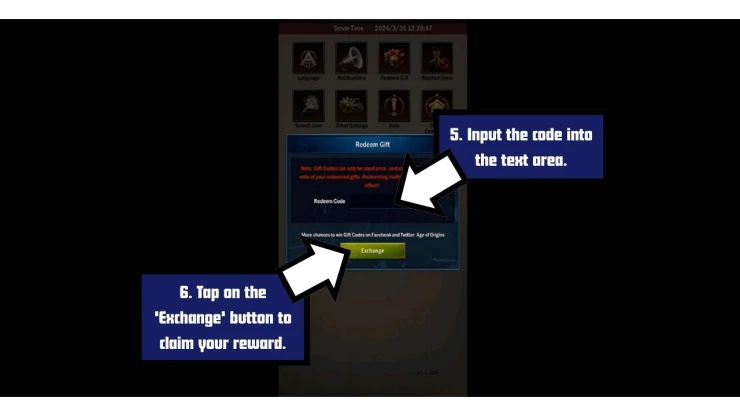 Age of Origins redeem code screen showing where to enter Age of Origins codes