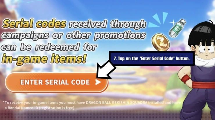Dragon Ball Gekishin Squadra redeem code screen showing where to enter Dragon Ball Gekishin Squadra codes