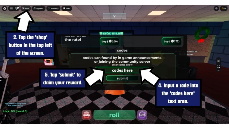 Emote RNG redeem code screen showing where to enter Emote RNG codes