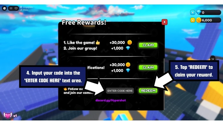Hypershot redeem code screen showing where to enter Hypershot codes