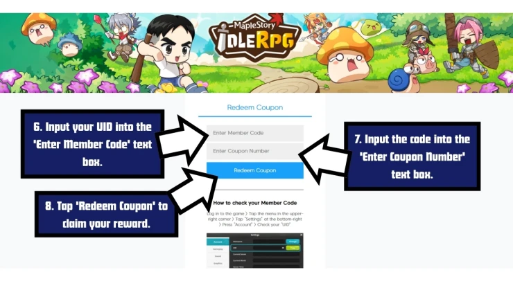 MapleStory Idle RPG redeem code screen showing where to enter MapleStory Idle RPG codes