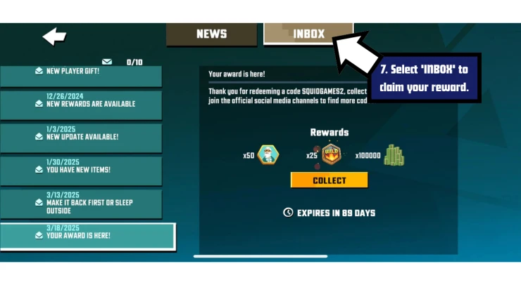 Squid Game: Unleashed redeem code screen showing where to enter Squid Game: Unleashed codes