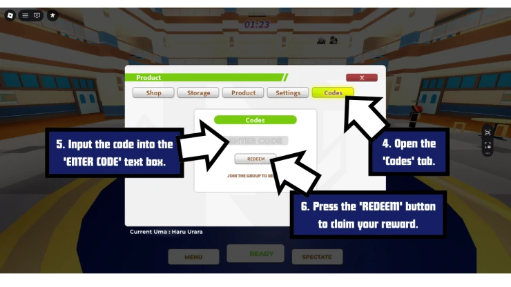 Uma Racing redeem code screen showing where to enter Uma Racing codes