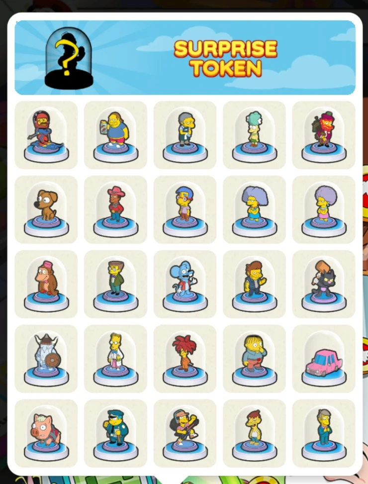 Surprise token, shows a number of different Simpsons board tokens