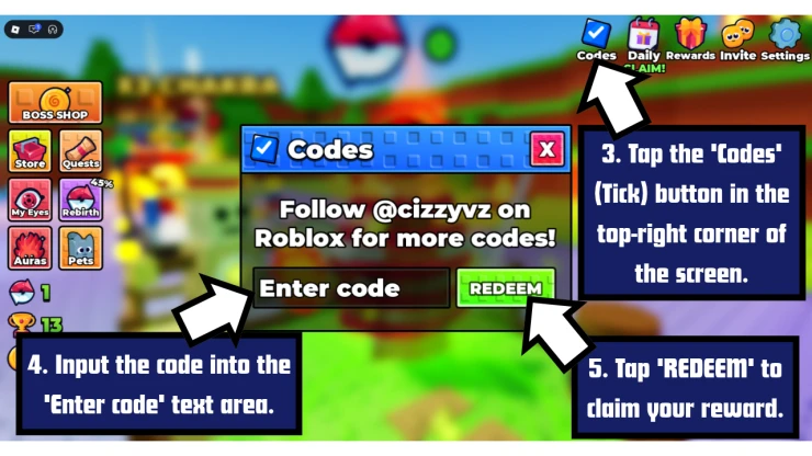 +1 Anime Eyes redeem code screen showing where to enter +1 Anime Eyes codes