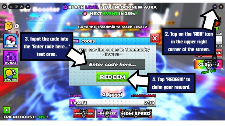 +1 Aura Speed Escape redeem code screen showing where to enter +1 Aura Speed Escape codes