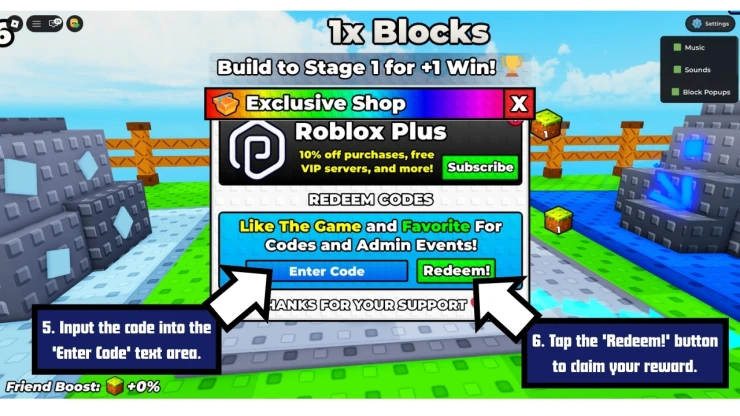 +1 Blocks Per Click redeem code screen showing where to enter +1 Blocks Per Click codes