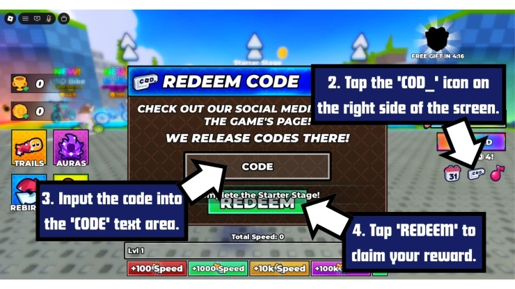 +1 Double Jump Bike Escape redeem code screen showing where to enter +1 Double Jump Bike Escape codes