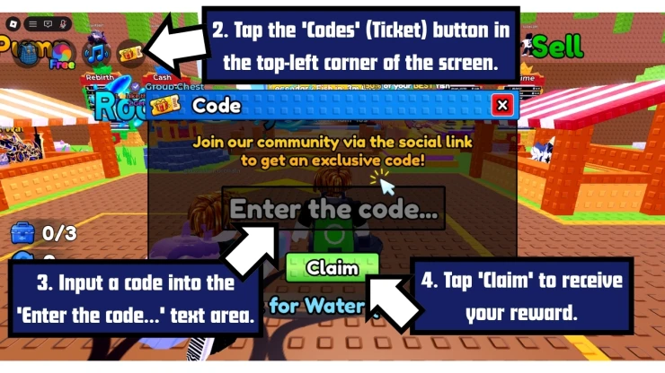 +1 Drain Water Per Click redeem code screen showing where to enter +1 Drain Water Per Click codes