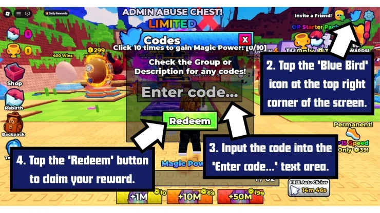 +1 Magic Evolution redeem code screen showing where to enter +1 Magic Evolution codes