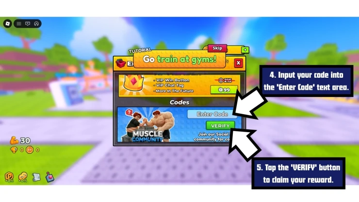 +1 Muscle to Arm Wrestle redeem code screen showing where to enter +1 Muscle to Arm Wrestle codes