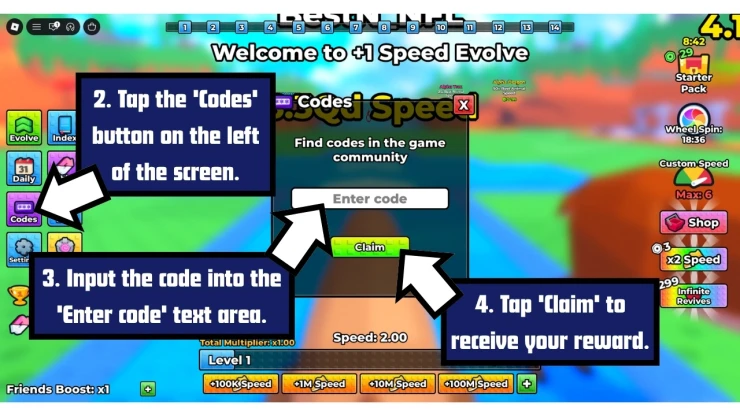 +1 Speed Evolve redeem code screen showing where to enter +1 Speed Evolve codes