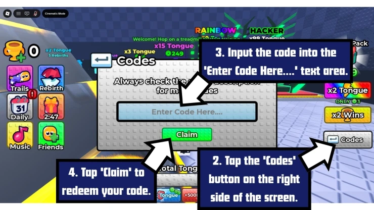 +1 Tongue Escape redeem code screen showing where to enter +1 Tongue Escape codes