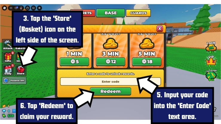 2 Player Raid Tycoon redeem code screen showing where to enter 2 Player Raid Tycoon codes