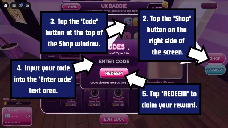 Facecard: Makeup Showdown redeem code screen showing where to enter Facecard: Makeup Showdown codes
