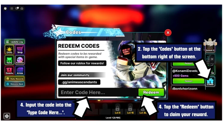 Anime Ascendants redeem code screen showing where to enter Anime Ascendants codes