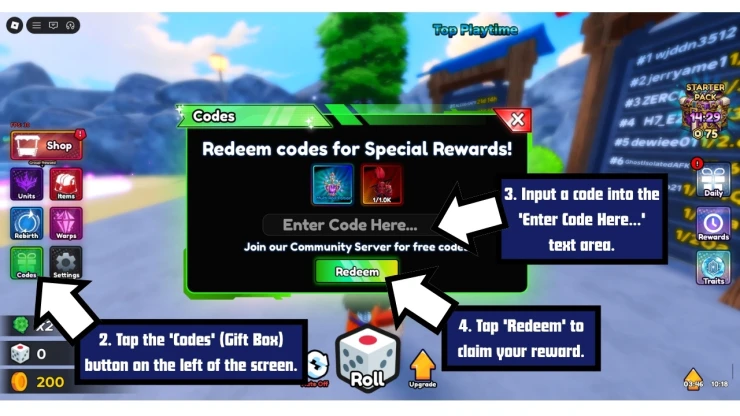 Anime Battle RNG redeem code screen showing where to enter Anime Battle RNG codes