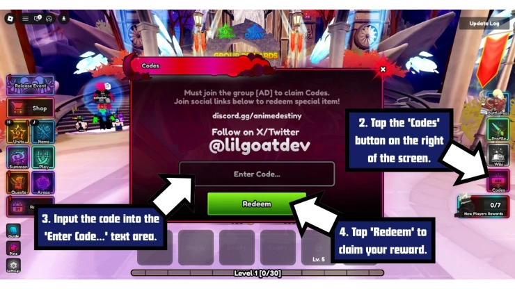 Anime Destiny redeem code screen showing where to enter Anime Destiny codes