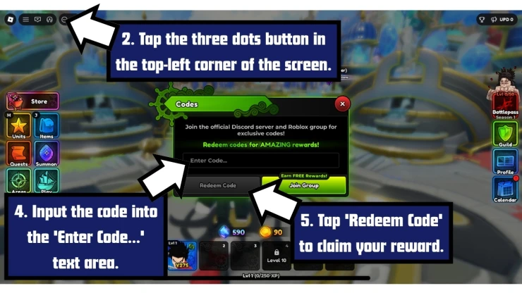 Anime Expeditions redeem code screen showing where to enter Anime Expeditions codes