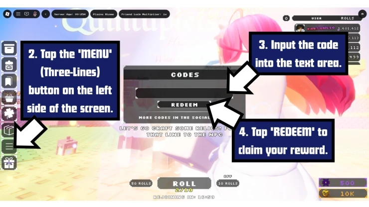 Anime Girl RNG redeem code screen showing where to enter Anime Girl RNG codes