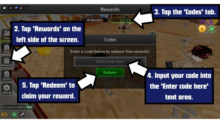 Anime High School RP redeem code screen showing where to enter Anime High School RP codes