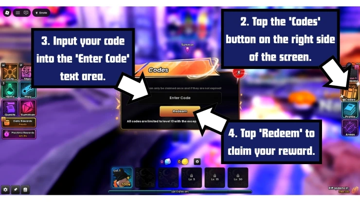 Anime Origins redeem code screen showing where to enter Anime Origins codes