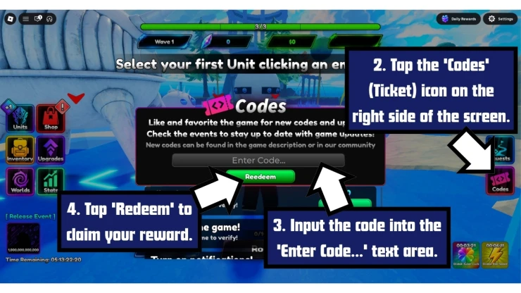 Anime RNG Defense redeem code screen showing where to enter Anime RNG Defense codes