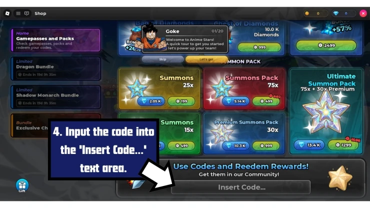 Anime Stars redeem code screen showing where to enter Anime Stars codes