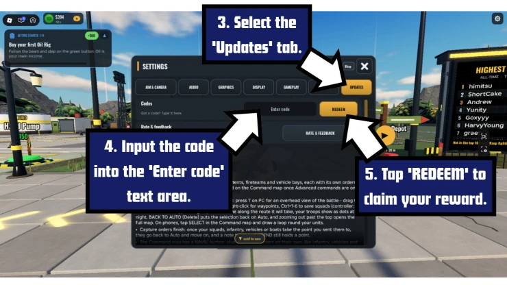 Army Commander Tycoon redeem code screen showing where to enter Army Commander Tycoon codes