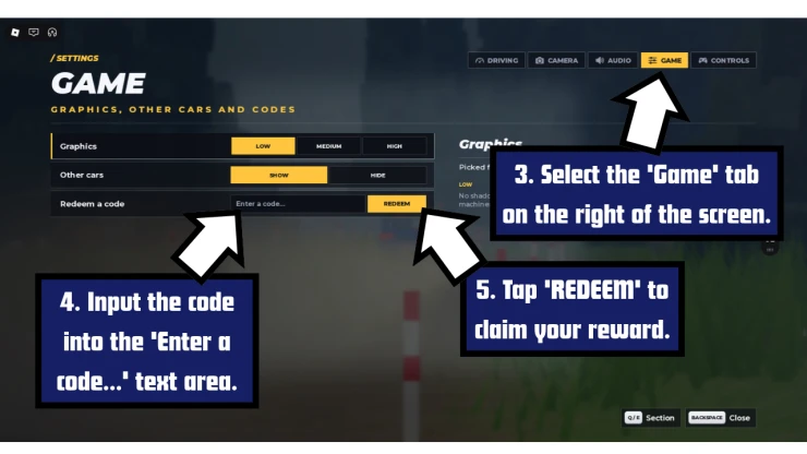 Backseat Rally redeem code screen showing where to enter Backseat Rally codes