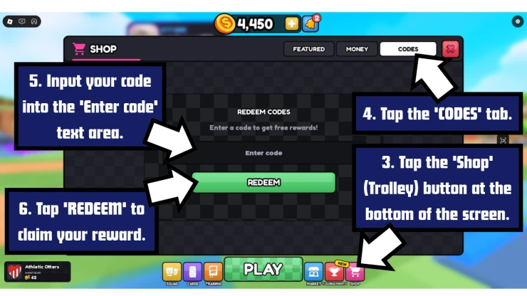 Be a Soccer Manager redeem code screen showing where to enter Be a Soccer Manager codes