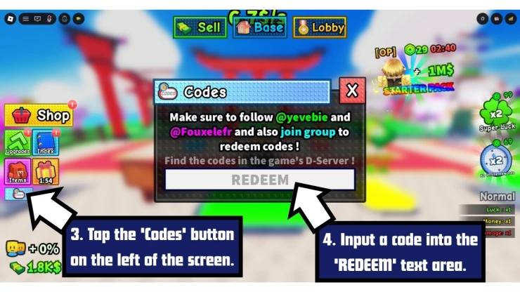Beat the Anime Boss redeem code screen showing where to enter Beat the Anime Boss codes